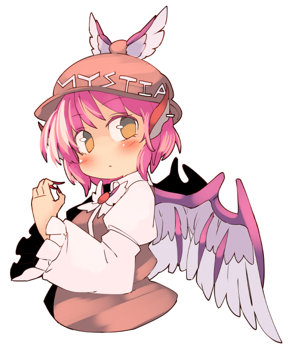 1girl animal_ears blush bow bowtie brown_dress brown_eyes brown_hat character_name cropped_torso dress eyebrows_visible_through_hair feathered_wings fingernails hat hat_wings ini_(inunabe00) jewelry juliet_sleeves long_sleeves looking_at_viewer mystia_lorelei nail_polish pink_hair puffy_sleeves red_nails sharp_fingernails short_hair simple_background single_earring solo touhou white_background white_bow white_bowtie wide_sleeves wings