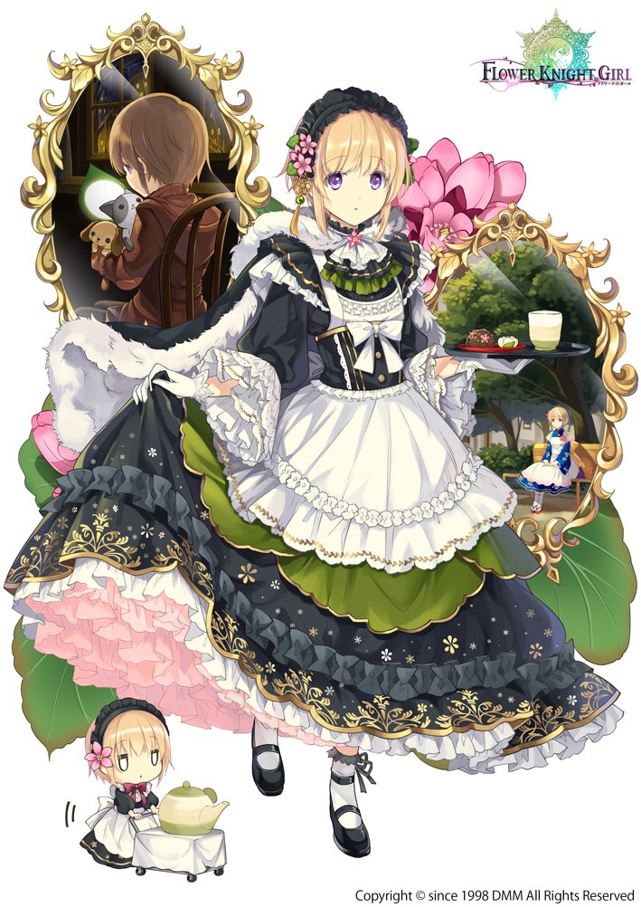 3girls androgynous bench bergenia_(flower_knight_girl) black_hairband black_shoes blonde_hair bobby_socks bow brown_hair brown_shirt cape cat chibi city_forest_online copyright_name dessert dog dress dual_persona eyebrows_visible_through_hair flower flower_knight_girl food frilled_hairband frills full_body gloves hair_flower hair_ornament hairband hood hoodie kettle layered_dress looking_at_viewer mary_janes mirror multiple_girls object_namesake official_art red_bow serving_cart shirt shoes short_hair sitting socks standing tray violet_eyes white_background white_bow white_gloves