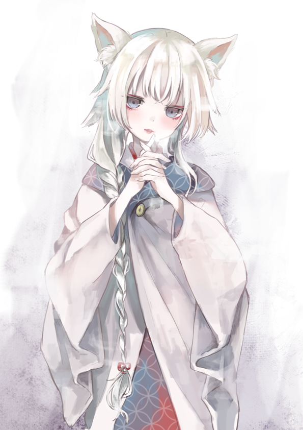1girl animal_ears blue_eyes blush braid breath brooch cold colored_eyelashes dot_nose eyelashes fingernails fox_ears fox_girl gradient gradient_clothes hair_ornament hands_clasped hands_together hands_up head_tilt japanese_clothes jewelry light_smile lips long_hair long_sleeves looking_at_viewer original oro_ponzu own_hands_together pale_skin parted_lips solo tsurime upper_body very_long_hair white white_background white_hair wide_sleeves