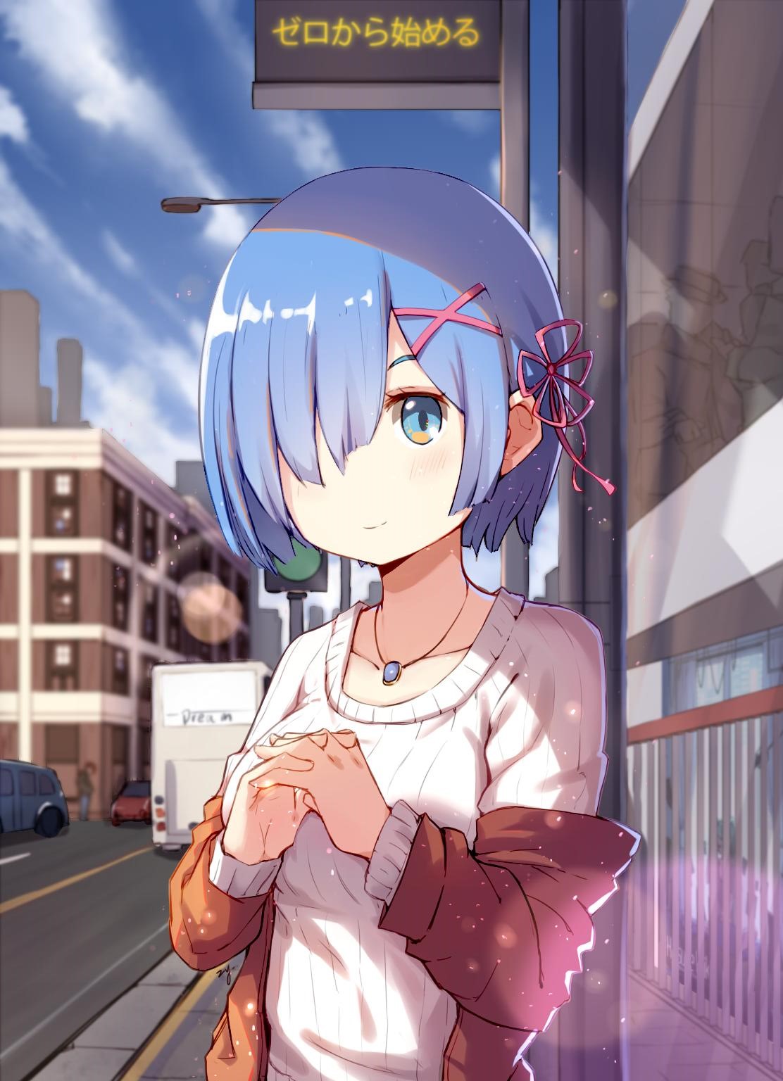 1girl bangs blue_eyes blue_hair blue_sky blush breasts brown_jacket building bus car casual city closed_mouth clouds cloudy_sky collarbone day eyelashes ground_vehicle hair_ornament hair_over_one_eye hair_ribbon hands_together hands_up highres jacket jewelry long_sleeves looking_at_viewer medium_breasts motor_vehicle necklace off_shoulder open_clothes open_jacket outdoors own_hands_together pink_ribbon re:zero_kara_hajimeru_isekai_seikatsu rem_(re:zero) ribbon road short_hair sky smile solo street sweater upper_body vehicle white_sweater x_hair_ornament zhayin-san