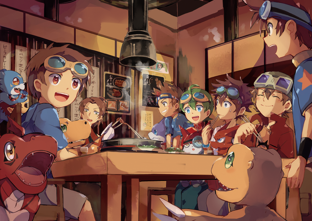 6+boys agumon appmon chopsticks crossover daimon_masaru digimon digimon_adventure digimon_adventure_02 digimon_frontier digimon_savers digimon_tamers digimon_universe:_appli_monsters digimon_xros_wars fangs gatchmon goggles goggles_on_head guilmon jacket kanbara_takuya kudou_taiki male male_focus matsuda_takato motomiya_daisuke multiple_boys natsuki_(aisae) restaurant series_connection sharp_teeth shinkai_haru shoutmon stove table teeth veemon yagami_taichi yakiniku