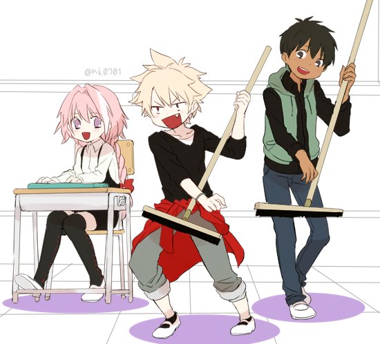 3boys alternate_hairstyle archer_(fate/prototype_fragments) berserker_(fate/prototype_fragments) black_hair blonde_hair blush braid brown_hair chibi dark_skin fang fate/apocrypha fate/grand_order fate/prototype fate/prototype:_fragments_of_blue_and_silver fate_(series) full_body long_hair looking_at_viewer male_focus multiple_boys open_mouth red_eyes rider_of_black short_hair smile trap violet_eyes