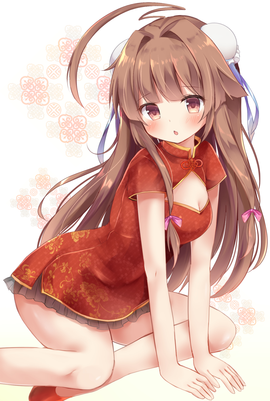 1girl ahoge alternate_costume breasts brown_eyes brown_hair bun_cover chestnut_mouth china_dress chinese_clothes cleavage cleavage_cutout commentary_request double_bun dress highres kantai_collection kuma_(kantai_collection) long_hair looking_at_viewer masayo_(gin_no_ame) sitting solo