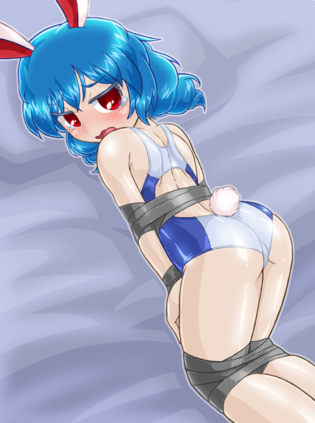 1girl animal_ears ass bdsm blue_hair blush bondage bound bound_arms bound_legs bunny_tail competition_swimsuit duct_tape looking_at_viewer one-piece_swimsuit rabbit_ears red_eyes seiran_(touhou) solo swimsuit tail tears touhou winn