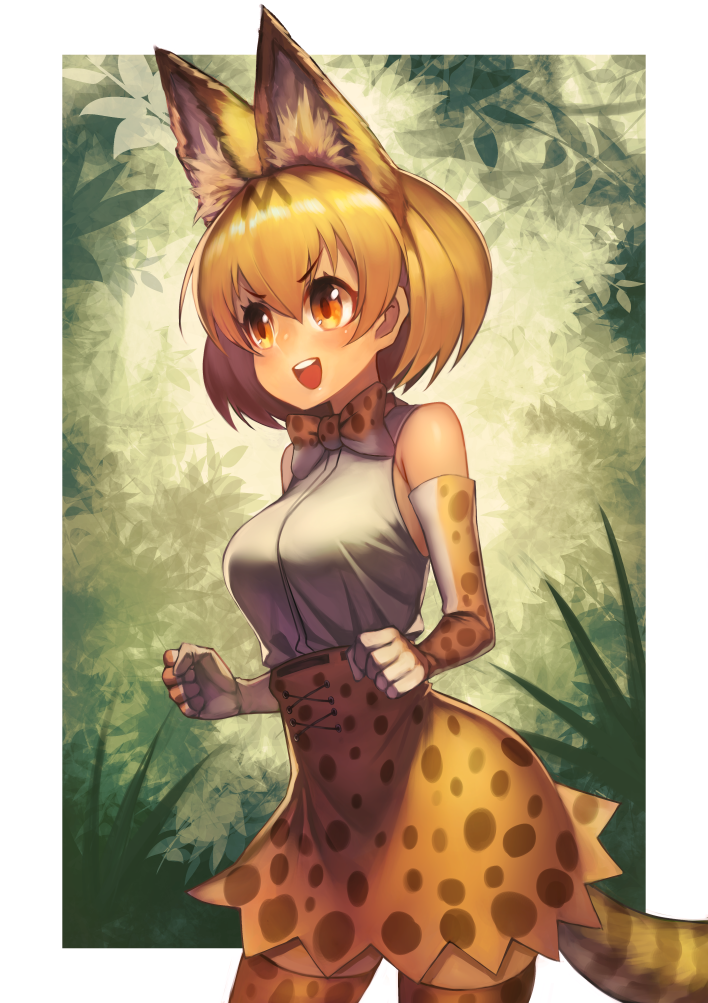 1girl animal_ears animal_print bare_shoulders blonde_hair bow breasts brown_eyes cat_ears cat_tail elbow_gloves gloves hrtyuk kemono_friends large_breasts looking_away open_mouth serval_(kemono_friends) serval_ears serval_print serval_tail shirt short_hair skirt sleeveless sleeveless_shirt solo standing tail thigh-highs white_shirt