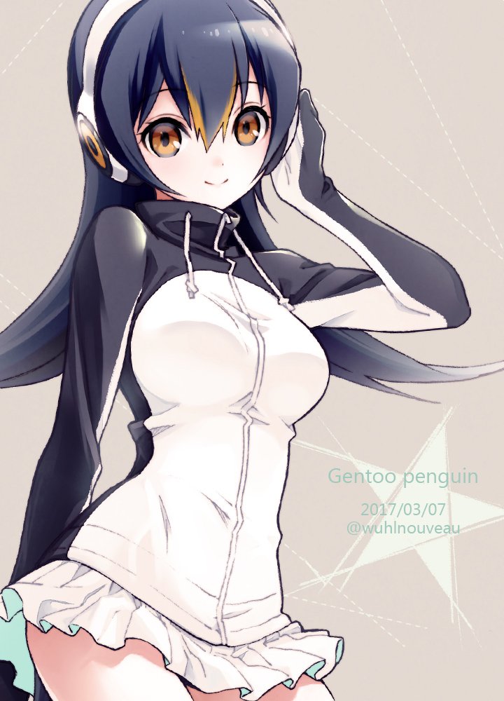 1girl arm_behind_back beige_background black_hair breasts brown_eyes character_name commentary cowboy_shot dated dot_nose dotted_line drawstring english eyebrows_visible_through_hair eyelashes gentoo_penguin_(kemono_friends) hair_between_eyes hand_on_headphones headphones jacket kemono_friends large_breasts long_hair long_sleeves looking_at_viewer multicolored_hair orange_hair pleated_skirt skirt smile solo star touyama_maki turtleneck twitter_username two-tone_hair white_skirt zipper zipper_pull_tab