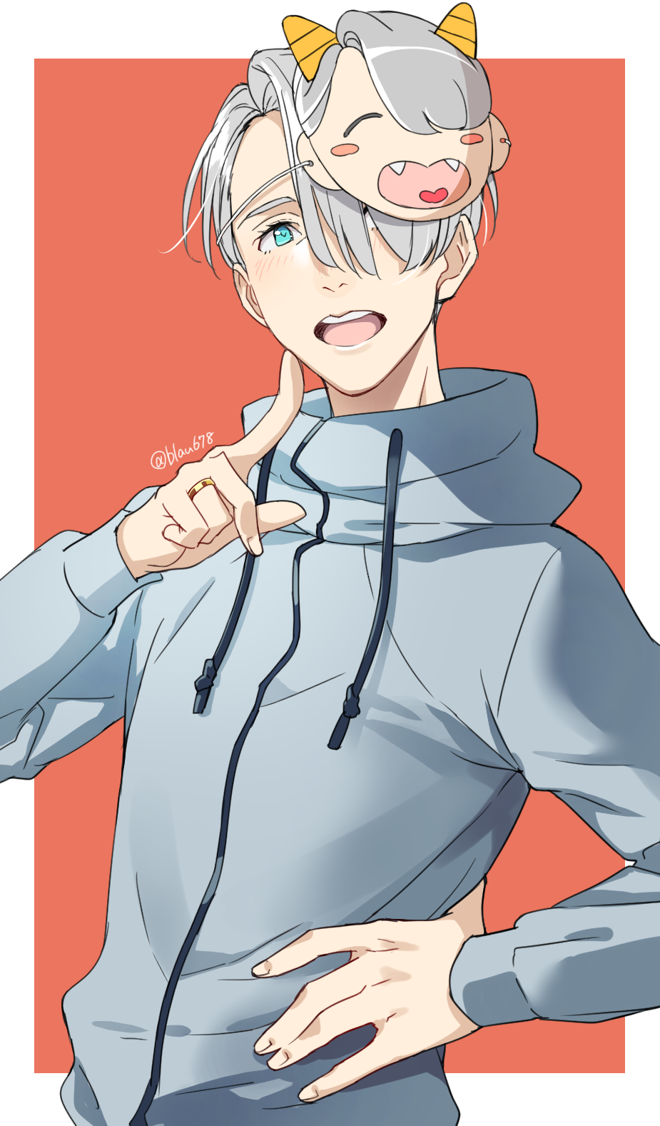 1boy 92_(artist) blue_eyes character_mask fangs finger_to_cheek hair_over_one_eye hand_on_hip heart heart_in_mouth highres jacket jewelry male_focus mask oni_horns open_mouth ring setsubun silver_hair smile track_jacket viktor_nikiforov yuri!!!_on_ice