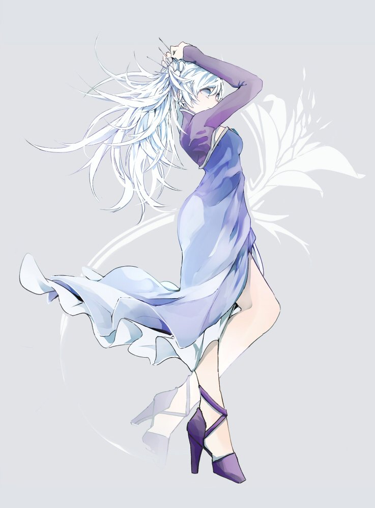 1girl blue_eyes dress full_body high_heels long_hair ponytail rwby simple_background solo weiss_schnee white_hair