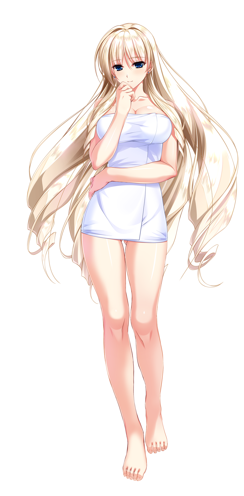 1girl amasaka_takashi barefoot blonde_hair blue_eyes breasts cleavage earrings feet full_body gluteal_fold hand_to_own_mouth highres jewelry large_breasts long_hair naked_towel official_art silveria_leodiehl solo toes towel transparent_background unionism_quartet