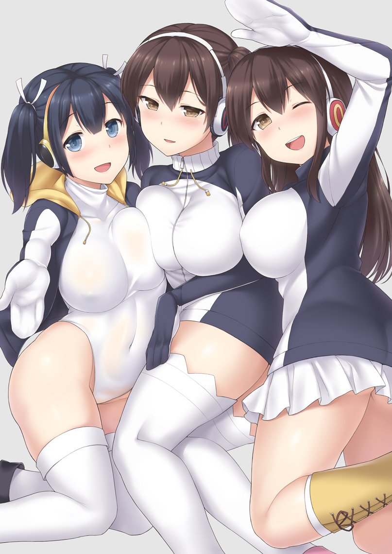 3girls akagi_(kantai_collection) arm_above_head ass blue_eyes blue_hair blush boots breasts brown_eyes brown_hair cosplay covered_navel elbow_gloves emperor_penguin_(kemono_friends) emperor_penguin_(kemono_friends)_(cosplay) erect_nipples gentoo_penguin_(kemono_friends) gentoo_penguin_(kemono_friends)_cosplay gloves grey_background hair_between_eyes headwear hood hoodie kaga_(kantai_collection) kantai_collection kemono_friends large_breasts leotard long_hair looking_at_viewer multiple_girls one_eye_closed open_mouth parted_lips pleated_skirt reaching_out royal_penguin_(kemono_friends) royal_penguin_(kemono_friends)_cosplay sama_samasa side_ponytail simple_background skirt souryuu_(kantai_collection) thigh-highs thighs twintails white_legwear white_skirt yellow_boots