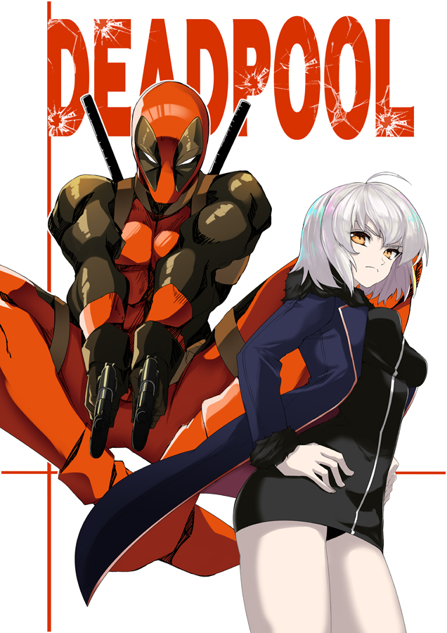 1girl adapted_costume ahoge alternate_costume armor armored_dress belt black_dress bodysuit breasts comic commentary_request crossover deadpool dress eyebrows_visible_through_hair fate/grand_order fate_(series) fur_coat fur_trim gun hair_between_eyes hand_on_hip jeanne_alter jewelry kanameya katana long_sleeves looking_at_viewer marvel mask medium_breasts ruler_(fate/apocrypha) short_hair silver_hair smile sword thighs weapon yellow_eyes