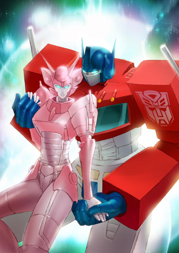 1boy 1girl autobot couple elita_one glowing glowing_eyes good_end hand_holding insignia leaning_on_person mecha optimus_prime redesign robot science_fiction spoilers transformers yhykurama