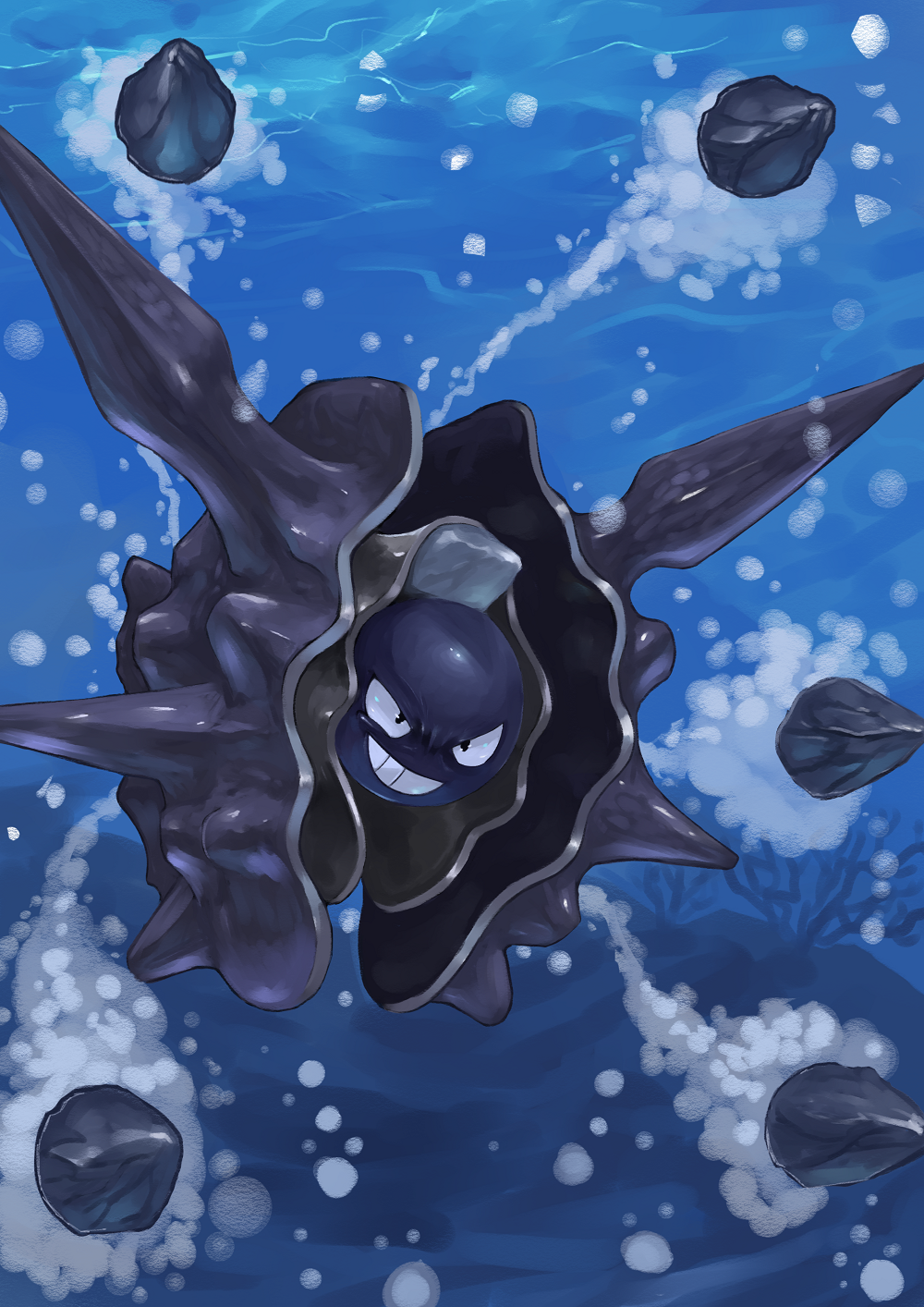 battle cloyster grin highres no_humans ocean pokemon pokemon_(creature) pokemon_(game) shell smile solo spikes teeth tesshii_(riza4828) underwater water