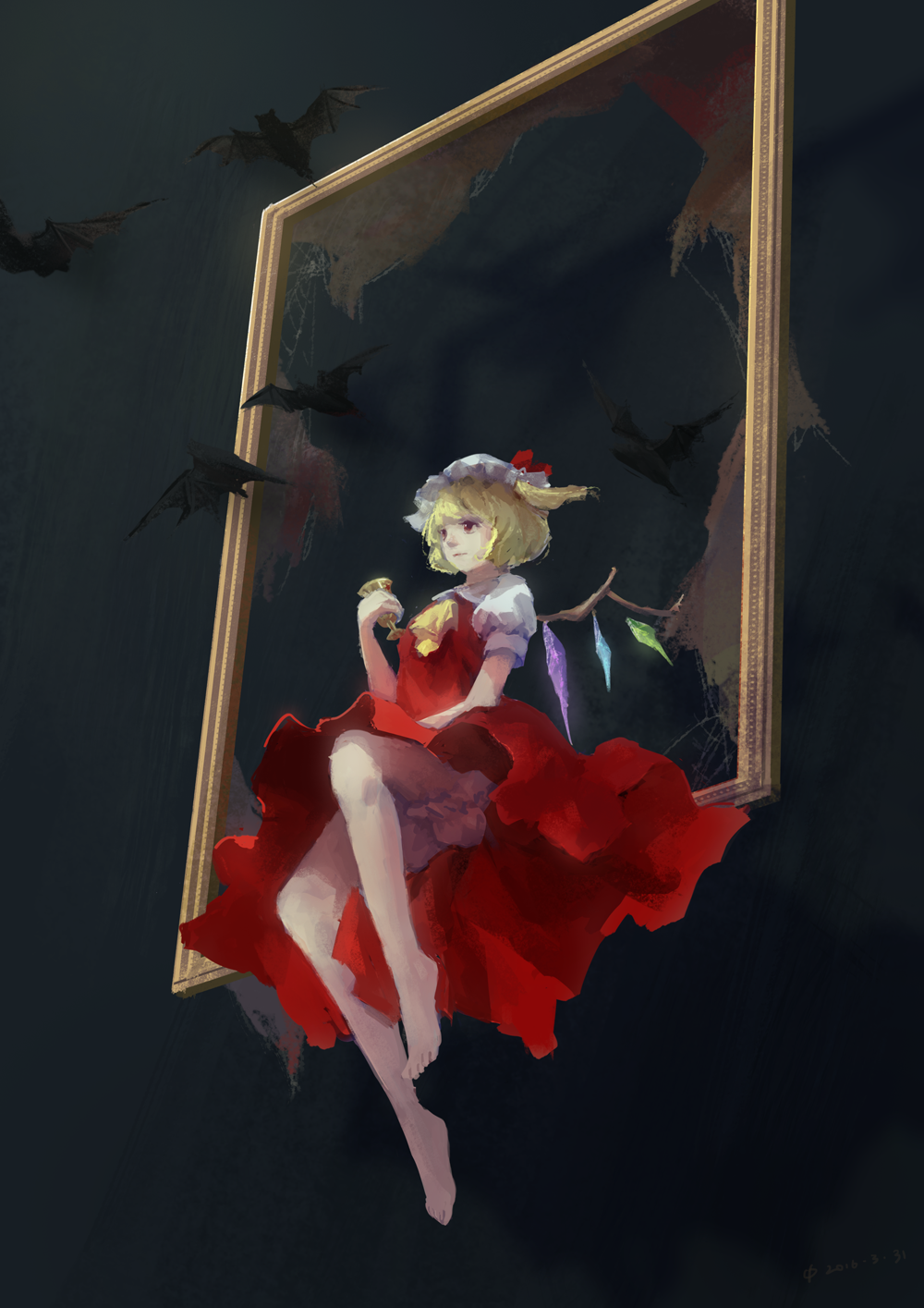 1girl 2016 asymmetrical_hair bat blonde_hair bloomers bow crystal cup dress flandre_scarlet hat hat_bow highres holding holding_cup looking_away mob_cap null_cell picture_frame puffy_short_sleeves puffy_sleeves red_bow red_dress red_eyes short_hair short_sleeves silk sitting solo spider_web touhou underwear wings