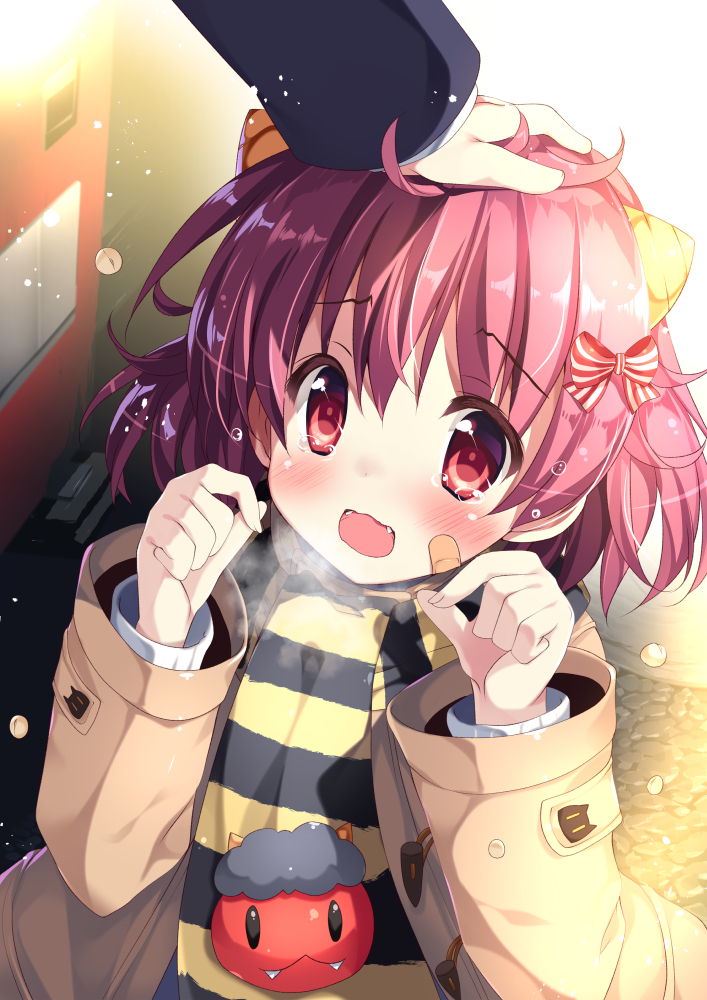 1girl bandage_on_face black_scarf blush bow eyebrows_visible_through_hair fangs hair_bow looking_at_another open_mouth original petting red_bow red_eyes redhead scarf shimesaba_kohada short_hair smile solo striped striped_scarf tearing_up yellow_scarf