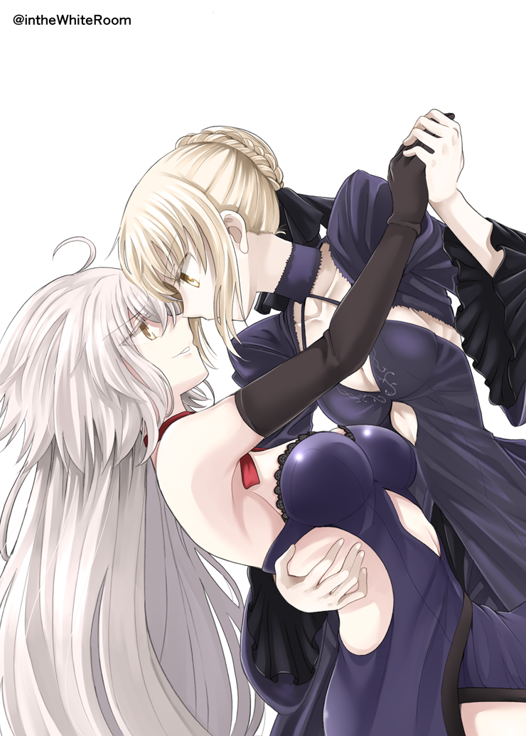 2girls ahoge bare_shoulders black_dress black_gloves blonde_hair blue_dress braid breasts collarbone commentary couple dancing dark_persona dress elbow_gloves eye_contact eyebrows_visible_through_hair fate/grand_order fate_(series) female french_braid frilled_sleeves frills gloves hand_holding jeanne_alter lace lace-trimmed_dress large_breasts leaning leaning_back long_hair looking_at_another medium_breasts multiple_girls mutual_yuri neck_ribbon parted_lips profile red_ribbon ribbon ruler_(fate/apocrypha) saber saber_alter short_hair silver_hair simple_background smile strapless strapless_dress takeshisu twitter_username type-moon white_background yellow_eyes yuri
