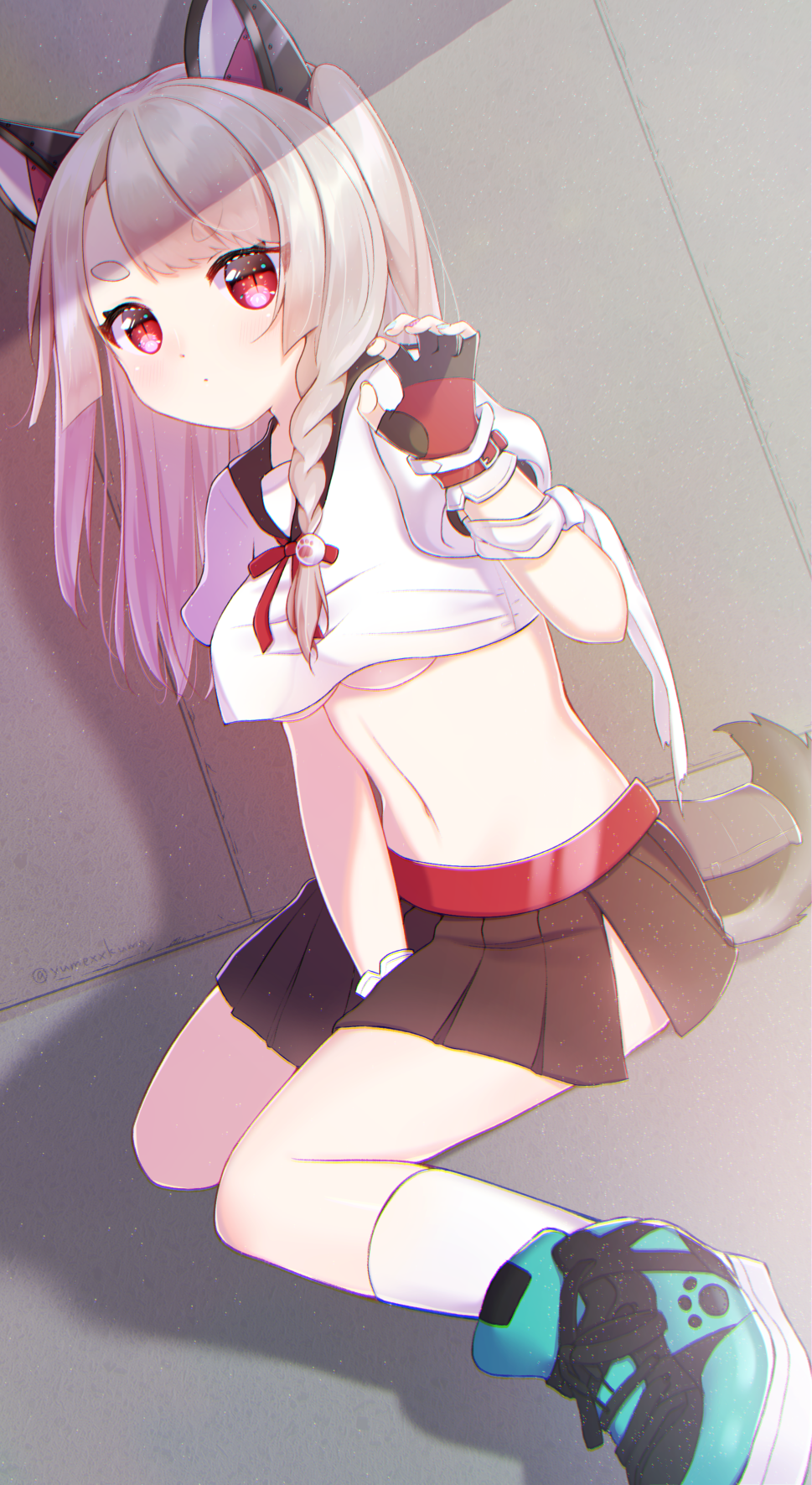 1girl animal_ears azur_lane bangs between_legs black_gloves black_skirt blue_footwear blue_nails blush braid breasts claw_pose closed_mouth commentary_request crop_top crop_top_overhang dutch_angle eyebrows_visible_through_hair fingernails gloves hand_between_legs hand_up highres kneehighs kuma_no_yume light_brown_hair long_hair looking_at_viewer medium_breasts multicolored multicolored_nail_polish nail_polish navel one_side_up pink_nails pleated_skirt puffy_short_sleeves puffy_sleeves red_eyes school_uniform serafuku shirt shoes short_sleeves side_braid sitting skirt solo tail thick_eyebrows twitter_username under_boob white_legwear white_shirt wolf_ears wolf_girl wolf_tail yuudachi_(azur_lane)
