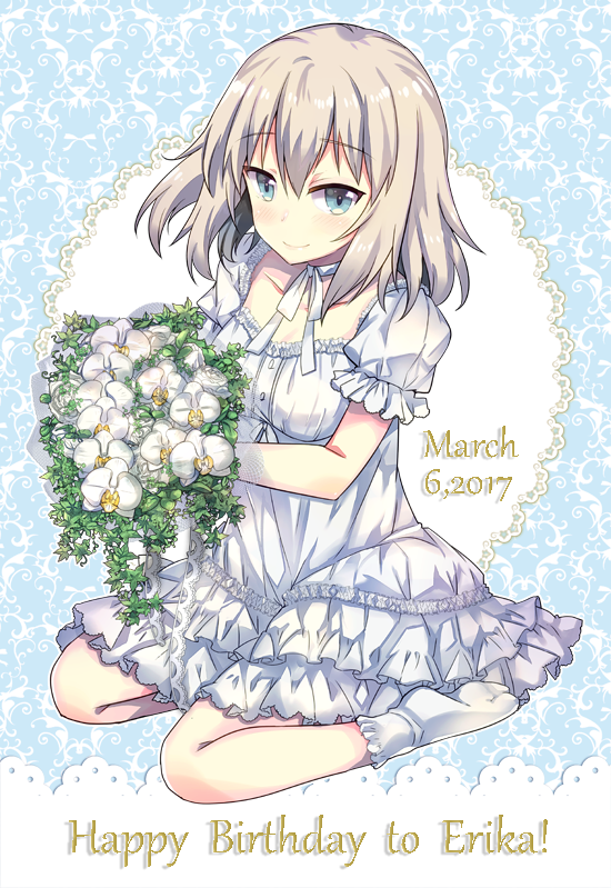 1girl 2017 blue_eyes breasts choker collarbone dated dress english flower frilled_dress frilled_legwear frilled_sleeves frills girls_und_panzer happy_birthday itsumi_erika layered_dress looking_at_viewer march neck_ribbon orchid puffy_sleeves ribbon silver_hair sitting small_breasts smile socks solo takitarou text white_flower yokozuwari