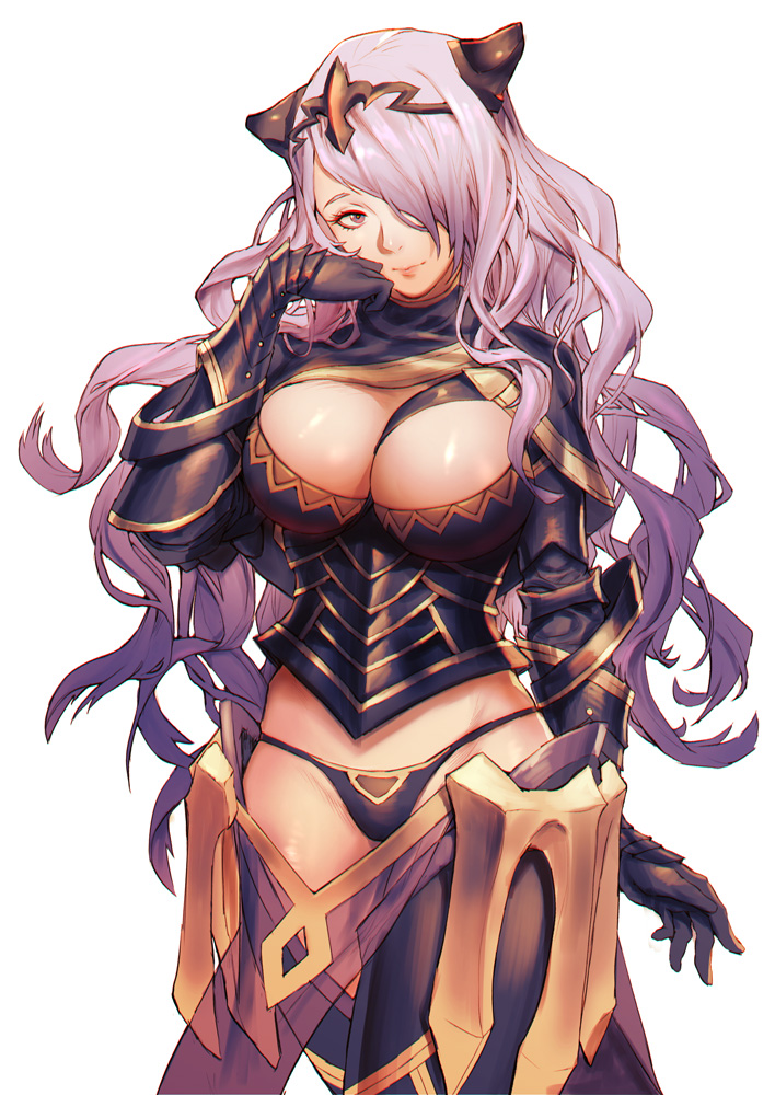 1girl armor black_armor black_gloves black_panties boots breasts camilla_(fire_emblem_if) capelet cleavage eyelashes fire_emblem fire_emblem_if gloves hair_over_one_eye hand_on_own_cheek kitsune_n large_breasts lips long_hair looking_at_viewer panties purple_hair shiny shiny_clothes shiny_skin simple_background solo thigh-highs thigh_boots thighs tiara underwear vambraces violet_eyes wavy_hair white_background