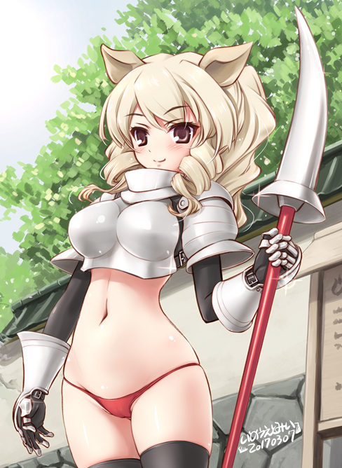 1girl animal_ears armor belly black_legwear blonde_hair blush breastplate breasts brown_eyes dated gauntlets holding holding_spear holding_weapon inoue_tomii kemono_friends large_breasts looking_at_viewer medium_hair navel outdoors panties polearm red_panties ringlets shiny shiny_skin smile solo spear standing thigh-highs underwear weapon white_rhinoceros_(kemono_friends)