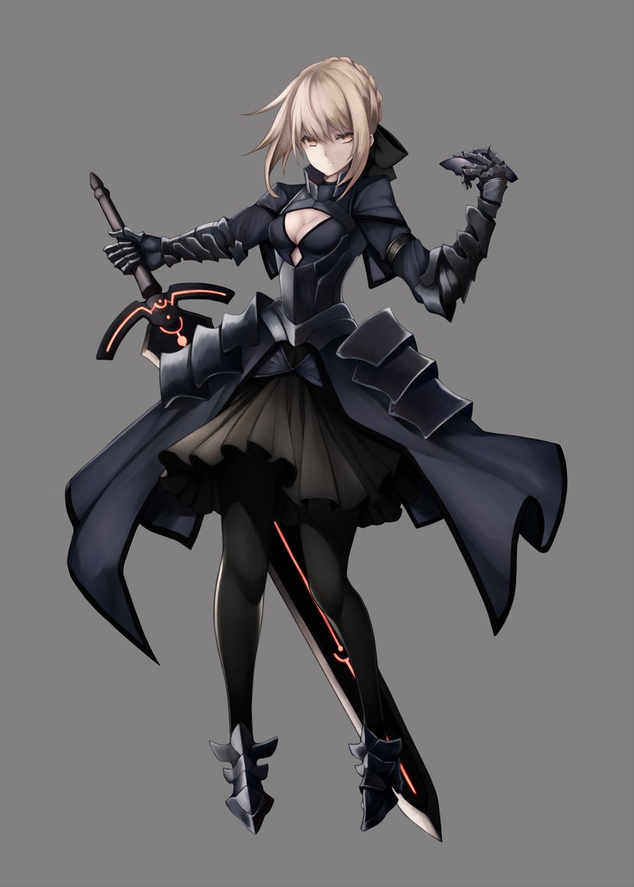 1girl armor armored_dress black_legwear blonde_hair commentary_request dark_excalibur dark_persona fate/stay_night fate_(series) gothic_lolita grey_background highres holding holding_weapon inaba_sunimi lolita_fashion saber saber_alter simple_background solo sword weapon yellow_eyes