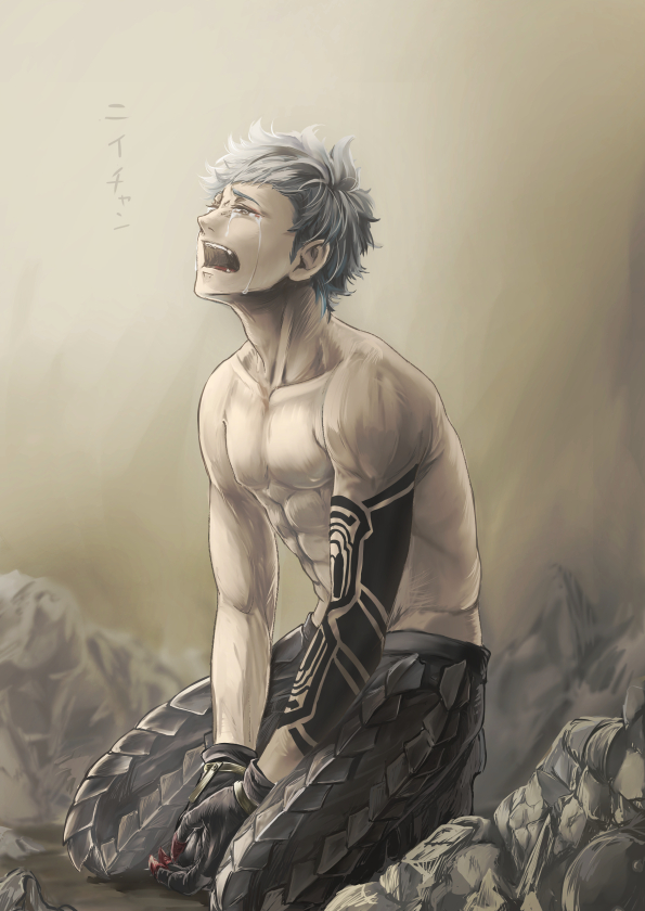 1boy blood claws crying eve_(nier_automata) kneeling male_focus muscle navel nier_(series) nier_automata open_mouth red_eyes sad simple_background solo tattoo teeth text topless translated white_hair