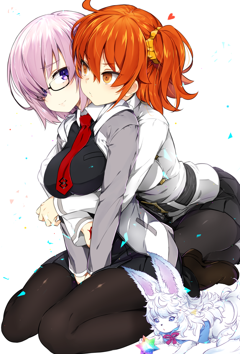 2girls ahoge animal belt black_legwear blush boots breast_hold breasts buckle command_spell couple eye_contact fate/grand_order fate_(series) female female_protagonist_(fate/grand_order) fou_(fate/grand_order) fujimaru_ritsuka_(female) glasses hair_between_eyes hair_over_one_eye hair_scrunchie heart highres hood hoodie hug hug_from_behind kneeling large_breasts lavender_hair leaning leaning_forward looking_at_another minatsuki_randoseru multiple_girls necktie o3o orange_eyes orange_hair pantyhose red_necktie saint_quartz scrunchie seiza semi-rimless_glasses shielder_(fate/grand_order) short_hair side_ponytail simple_background sitting skirt smile type-moon under-rim_glasses uniform v_arms violet_eyes white_background white_uniform yellow_scrunchie yuri