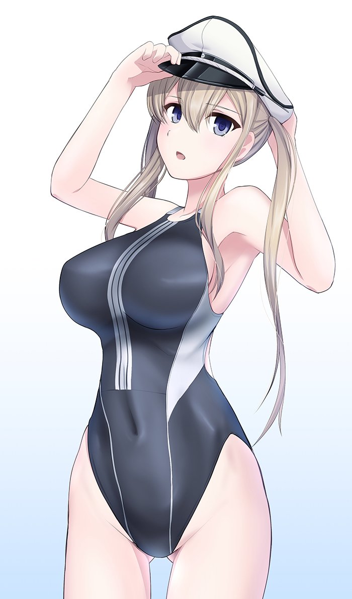 1girl 8000 adjusting_clothes adjusting_hat blonde_hair blue_eyes blue_swimsuit breasts competition_swimsuit covered_navel gluteal_fold gradient gradient_background graf_zeppelin_(kantai_collection) hat kantai_collection large_breasts long_hair one-piece_swimsuit open_mouth peaked_cap simple_background solo swimsuit twintails upper_body