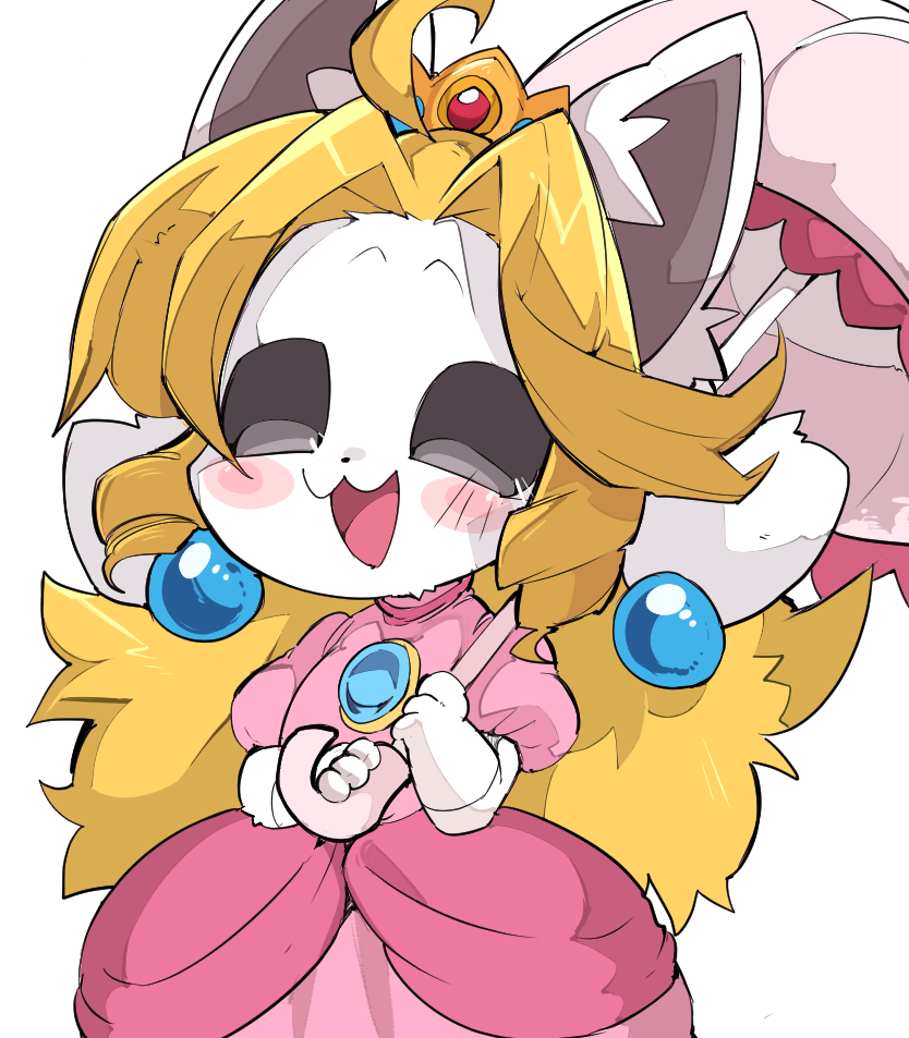 9999gpera :3 :d ahoge animal_ears blonde_hair blush cosplay crown dress earrings gloves jewelry long_hair super_mario_bros. open_mouth pink_dress princess_peach princess_peach_(cosplay) smile temmie umbrella undertale white_background