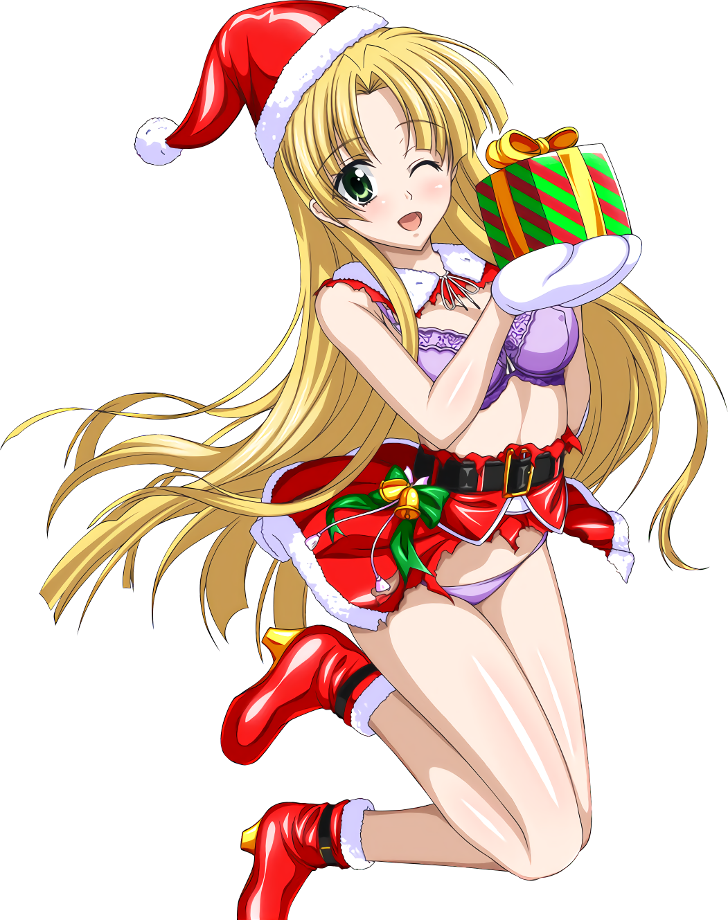 1girl asia_argento belt blonde_hair boots box bra breasts erect_nipples eyebrows_visible_through_hair gift gift_box gloves green_eyes hat high_school_dxd highres long_hair medium_breasts one_eye_closed open_mouth panties purple_bra purple_panties red_boots red_hat red_skirt santa_boots santa_hat shiny shiny_skin shirt skirt sleeveless solo torn_clothes torn_shirt torn_skirt transparent_background underwear very_long_hair white_gloves