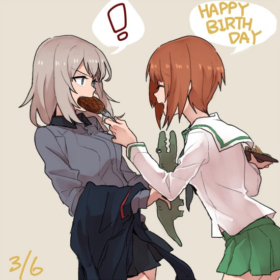 ! 2girls ^_^ alligator brown_hair closed_eyes crocodilian dated english feeding girls_und_panzer grey_background grey_hair happy_birthday itsumi_erika jacket jacket_removed multiple_girls nishizumi_miho ree_(re-19) school_uniform serafuku short_hair spoken_exclamation_mark stuffed_animal stuffed_toy uniform