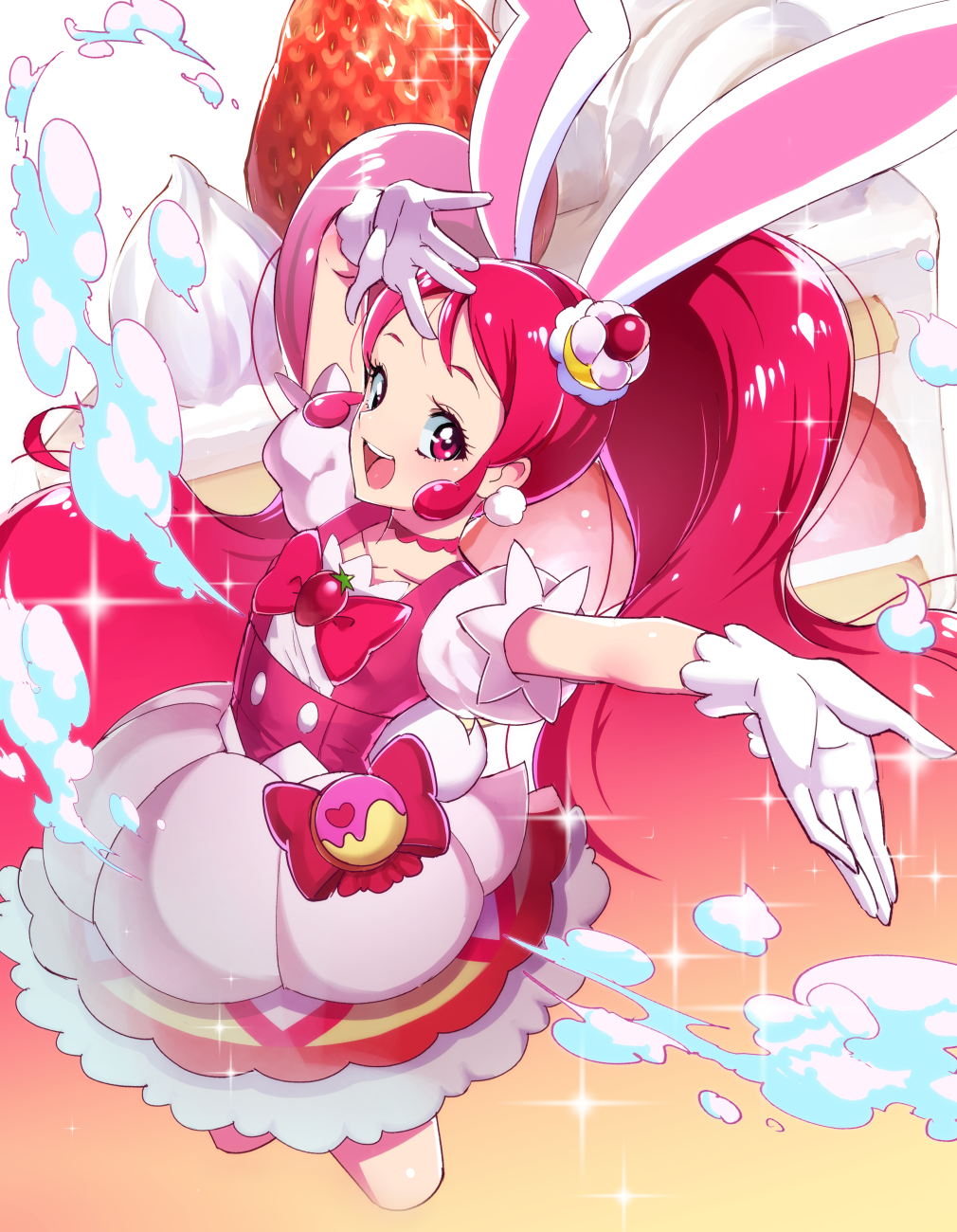 1girl animal_ears cake_hair_ornament choker cure_whip earrings extra_ears food food_themed_hair_ornament fruit gloves hair_ornament highres jewelry kirakira_precure_a_la_mode long_hair magical_girl naokado pink_eyes pink_hair precure rabbit_ears skirt strawberry twintails usami_ichika