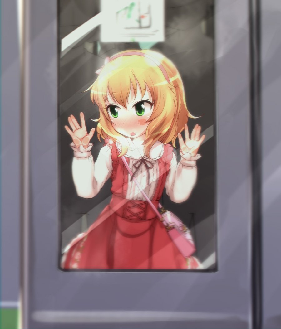 1girl against_glass bag blonde_hair blush dress green_eyes ground_vehicle hairband hikami_izuto idolmaster idolmaster_cinderella_girls looking_back open_mouth sakurai_momoka short_hair train window