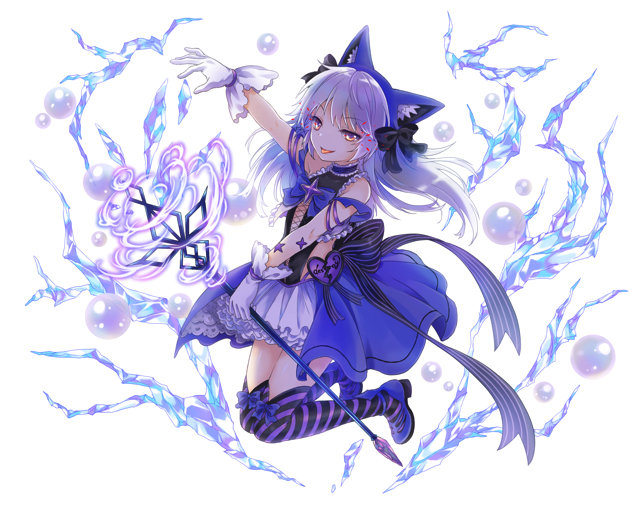 1girl animal_ears bubble cat_ears dress fake_animal_ears full_body gloves holding holding_staff ice long_hair magic million_arthur_(series) solo staff striped striped_legwear tongue tongue_out transparent_background white_gloves white_hair