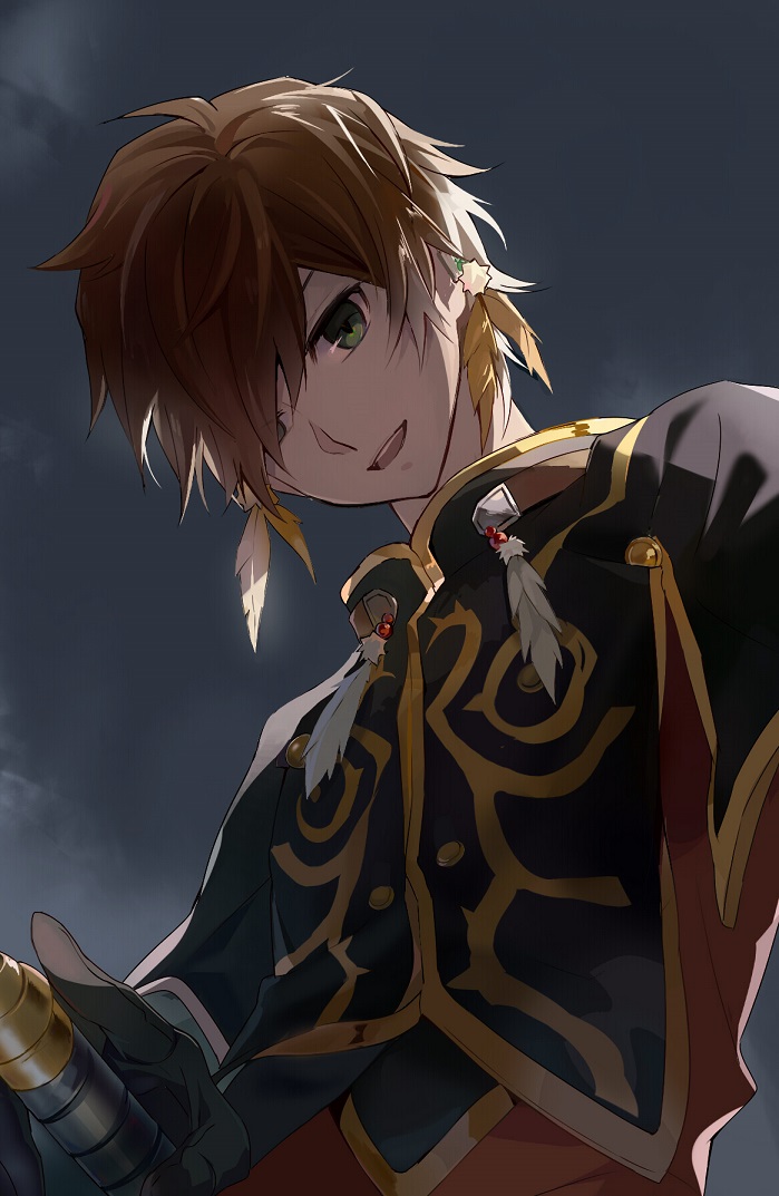 1boy brown_hair capelet earrings feather_earrings gloves green_eyes grey_sky hilt holding holding_weapon jewelry long_sleeves looking_at_viewer male_focus open_mouth qitoli shaded_face shadow sky solo sorey_(tales) sword tales_of_(series) tales_of_zestiria weapon