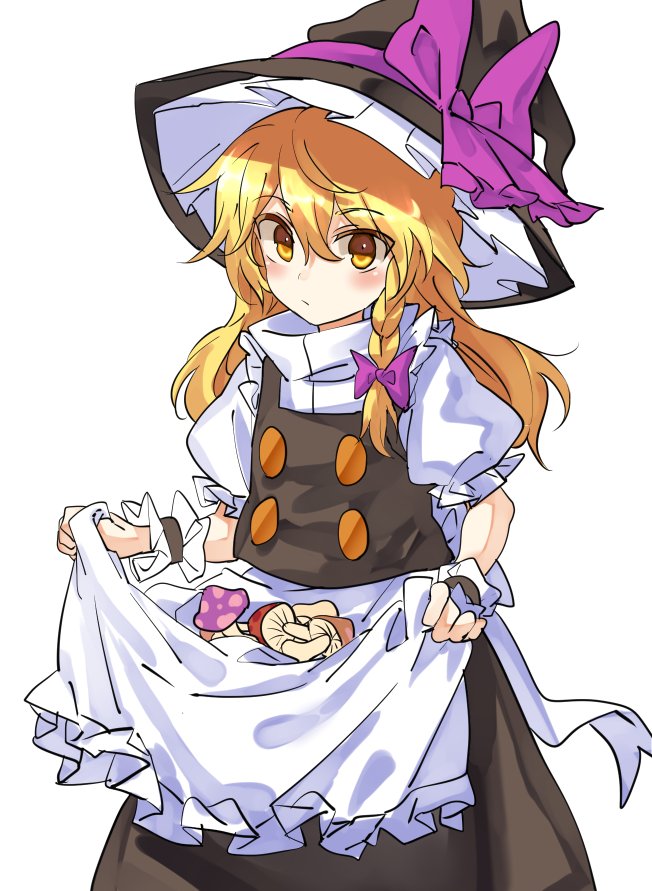 1girl apron apron_basket apron_lift blonde_hair blush bow braid buttons hair_bow hat hat_bow kirisame_marisa large_bow long_hair long_skirt looking_at_viewer manarou mushroom sash side_braid single_braid skirt skirt_basket skirt_set solo touhou turtleneck vest waist_apron witch_hat wrist_cuffs yellow_eyes