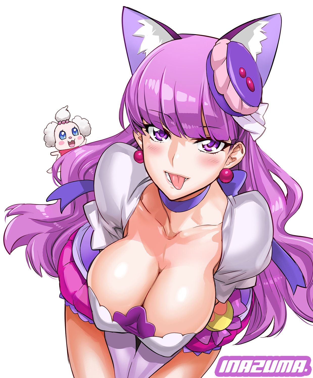1girl animal_ears blush breasts cat_ears choker cleavage commentary_request cure_macaron earrings elbow_gloves extra_ears food_themed_hair_ornament gloves hair_ornament highres jewelry kirakira_precure_a_la_mode kotozume_yukari large_breasts leaning_forward lips long_hair macaron_hair_ornament magical_girl pekorin_(precure) precure purple_choker purple_hair satou_shouji shiny shiny_skin simple_background solo teeth tongue tongue_out violet_eyes white_background white_gloves