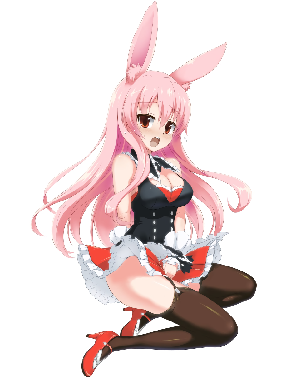 1girl animal_ears arm_behind_back breasts brown_legwear cleavage full_body garter_straps high_heels highres kurousagi_(mondaiji) long_hair mondaiji-tachi_ga_isekai_kara_kuru_sou_desu_yo? open_mouth pink_hair rabbit_ears red_eyes simple_background skirt skirt_tug solo thigh-highs white_background wrist_cuffs