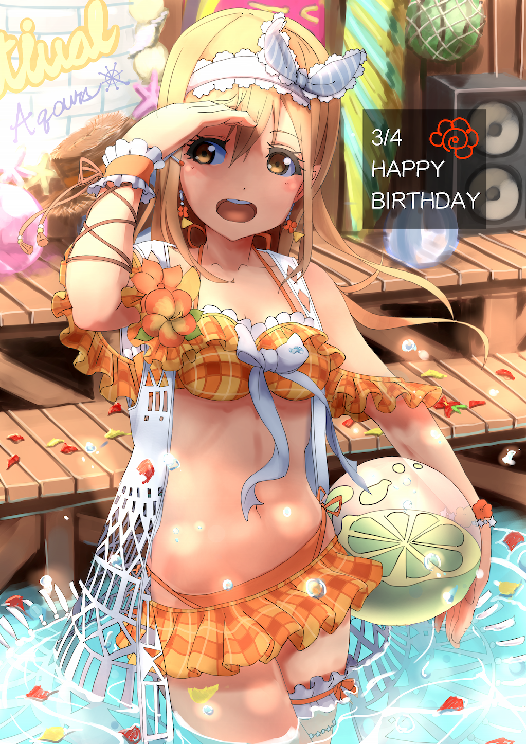 1girl ajapar arm_ribbon ball bangs beachball bikini bikini_skirt blush breasts brown_eyes brown_hair dated dock earrings flower food frilled_cuffs fruit hair_between_eyes hairband halterneck happy_birthday hat hat_removed headwear_removed highres holding holding_ball jewelry kunikida_hanamaru leg_garter long_hair looking_at_viewer love_live! love_live!_school_idol_festival love_live!_sunshine!! midriff navel open_mouth orange_bikini petals petals_on_water plaid plaid_bikini ribbon shading_eyes smile solo speaker standing straw_hat swimsuit thighlet wading watermelon white_ribbon wrist_cuffs