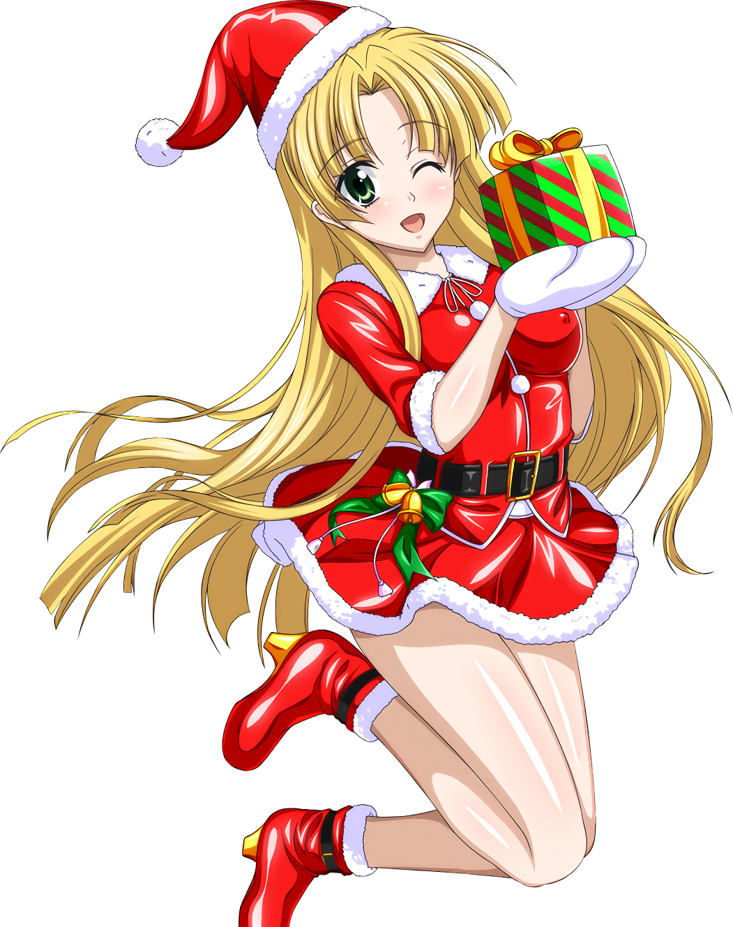 1girl asia_argento belt blonde_hair boots box eyebrows_visible_through_hair gift gift_box gloves green_eyes hat high_heels high_school_dxd highres long_hair looking_at_viewer miniskirt neck_ribbon one_eye_closed open_mouth red_hat red_shoes red_skirt ribbon santa_boots santa_costume santa_hat shiny shiny_skin shoes skirt solo transparent_background very_long_hair white_gloves white_ribbon