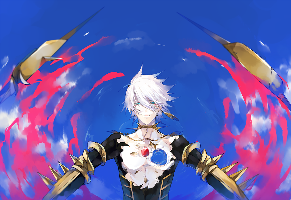 1boy 9tsumura clouds death fate/apocrypha fate/grand_order fate_(series) fur_collar hole_in_chest jewelry karna_(fate) looking_at_viewer male_focus pale_skin short_hair sky white_hairsky