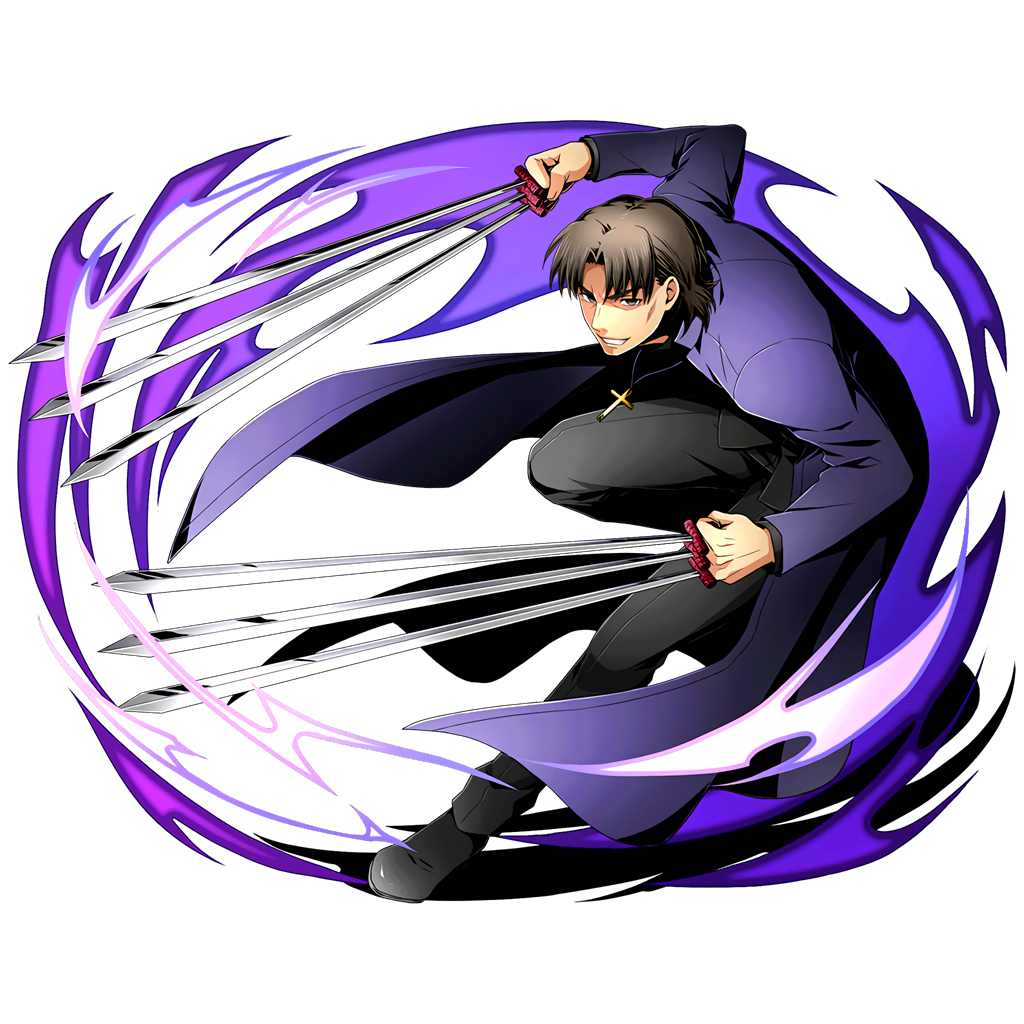 1boy black_pants black_shirt brown_eyes cloak cross cross_necklace divine_gate fate/stay_night fate_(series) full_body grin holding holding_sword holding_weapon jewelry kotomine_kirei necklace pants purple_cloak shirt smile solo sword transparent_background ucmm weapon