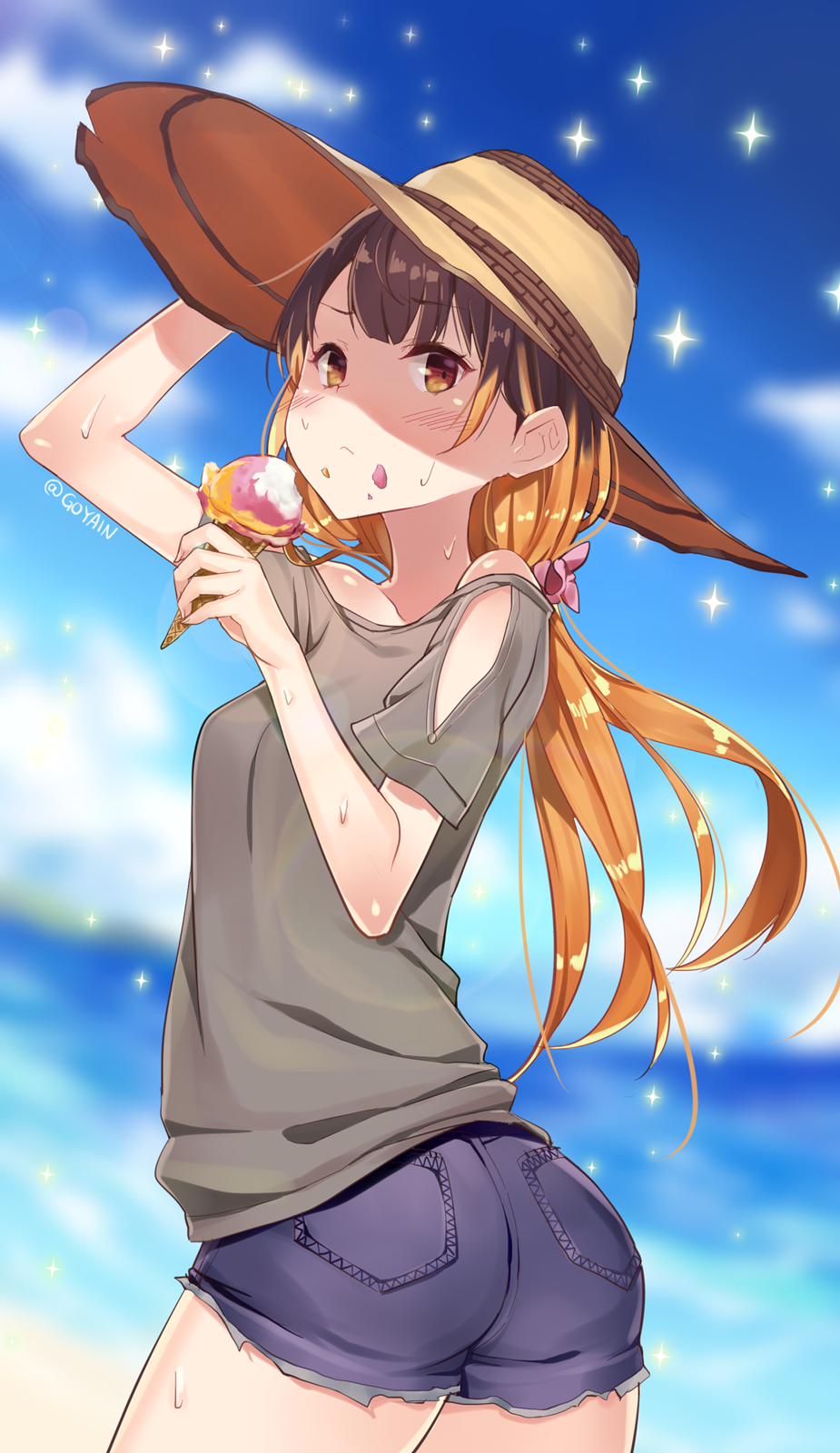 1girl ass bare_shoulders beach blush brown_eyes brown_hair denim denim_shorts food food_on_face hand_on_headwear hat highres ice_cream jewriel long_hair looking_at_viewer looking_back low_twintails ocean original shirt short_shorts shorts solo sparkle straw_hat sweat twintails