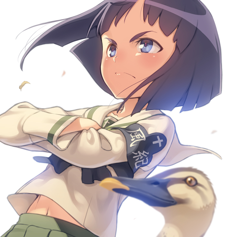 &gt;:( 1girl animal armband beak bird black_neckerchief blue_eyes blurry blush brown_hair character_request closed_mouth clothes_writing collarbone cross crossed_arms depth_of_field duck dutch_angle from_below girls_und_panzer green_skirt long_sleeves navel neckerchief pairan pleated_skirt serious shirt short_hair simple_background skirt solo thick_eyebrows upper_body white_background white_shirt