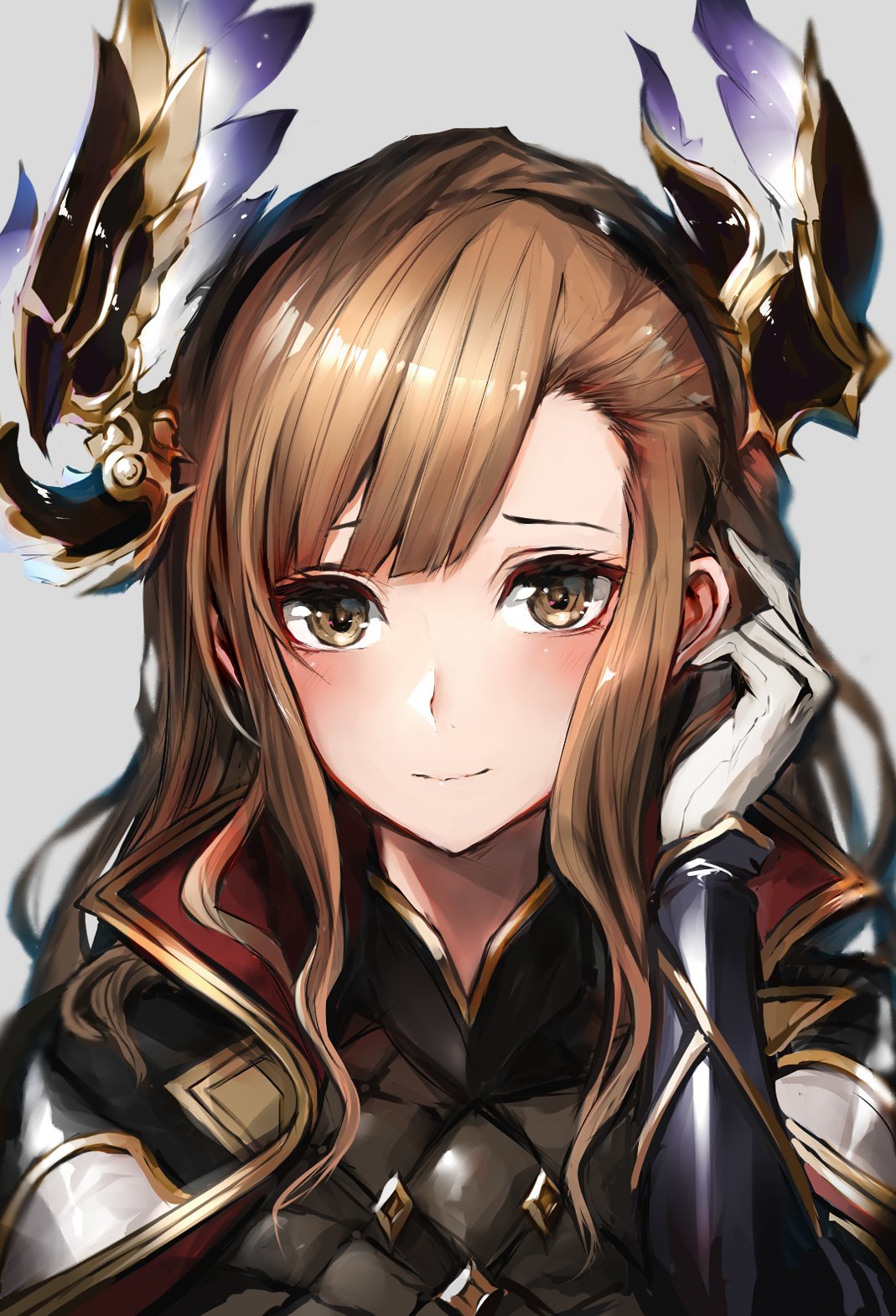 1girl armor asymmetrical_bangs bangs blush brown_eyes brown_hair close-up closed_mouth coat commentary gloves granblue_fantasy grey_background hair_ornament hand_up highres long_hair looking_at_viewer oyu_(sijimisizimi) portrait sidelocks simple_background smile solo song_(granblue_fantasy) upper_body white_gloves