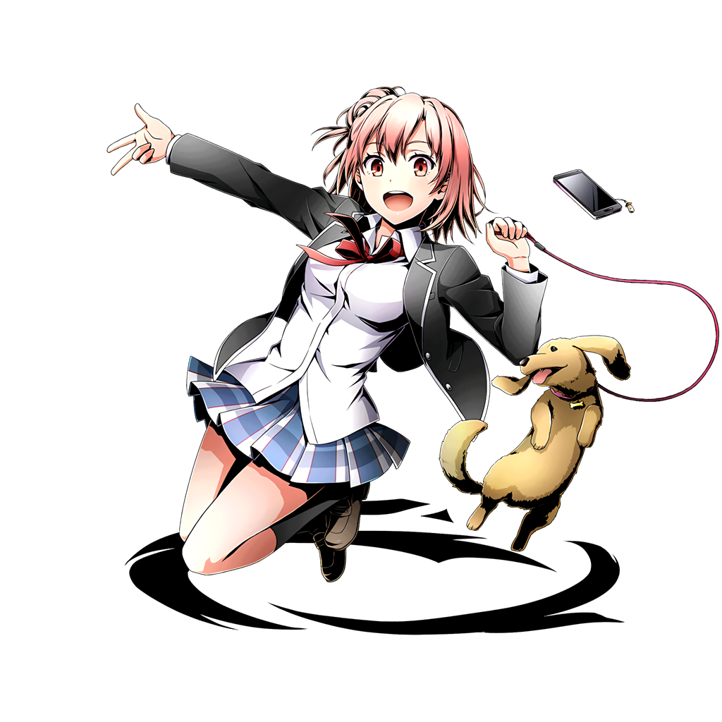 1girl :d black_jacket black_legwear brown_shoes cellphone divine_gate dog dress_shirt full_body holding iphone jacket miniskirt neck_ribbon open_clothes open_jacket open_mouth outstretched_arm phone pink_hair pleated_skirt red_eyes red_ribbon ribbon school_uniform shadow shirt shoes short_hair skirt smartphone smile solo ucmm w white_shirt yahari_ore_no_seishun_lovecome_wa_machigatteiru. yuigahama_yui
