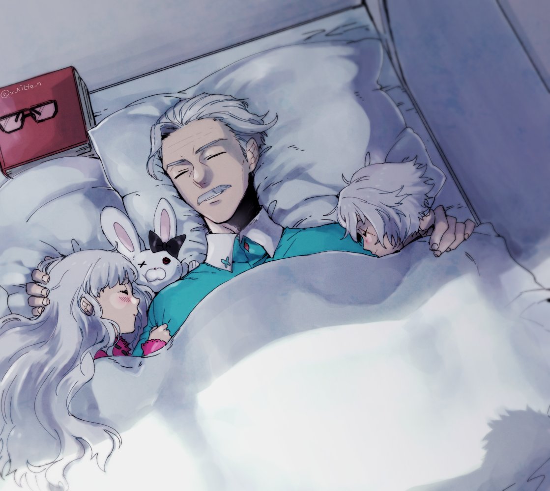 1boy 2girls assassin_of_black bed book closed_eyes facial_hair fate/apocrypha fate/extra fate/grand_order fate_(series) hug james_moriarty_(fate/grand_order) long_hair multiple_girls mustache ni1ten_xx00 nursery_rhyme_(fate/extra) open_mouth rabbit scar short_hair sleeping stuffed_toy white_hair