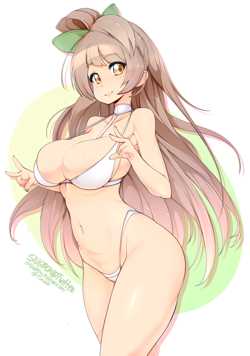1girl artist_name bare_shoulders bikini bow breasts brown_eyes brown_hair cleavage hair_bow highres hips large_breasts long_hair looking_at_viewer love_live! minami_kotori navel simple_background slugbox smile solo swimsuit thighs twitter_username very_long_hair white_background white_bikini