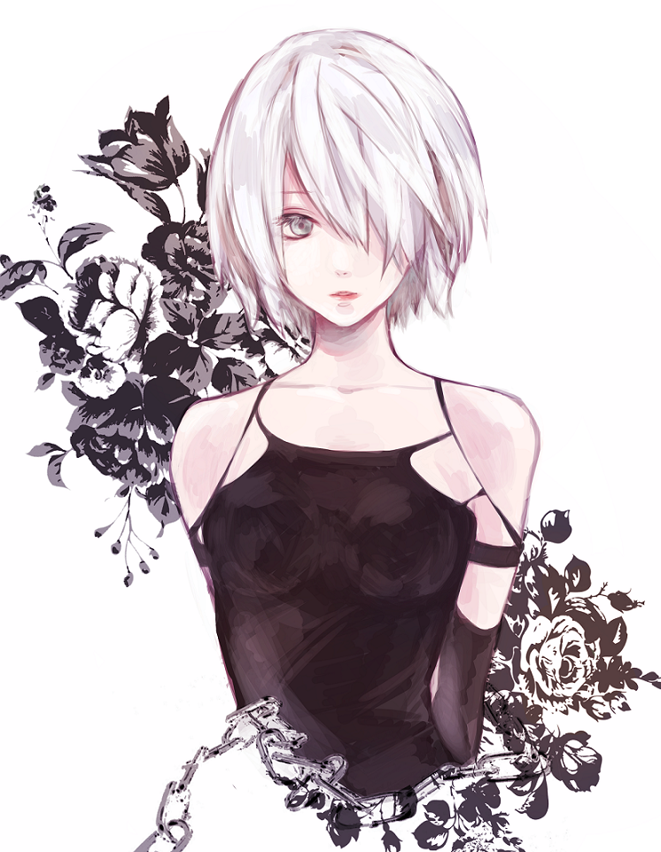 1girl arms_behind_back bare_shoulders black_gloves breasts collarbone elbow_gloves floral_background gloves grey_eyes hair_over_eyes lips looking_at_viewer nier_(series) nier_automata sakai_sei short_hair silver_hair small_breasts solo spoilers thigh-highs upper_body yorha_type_a_no._2