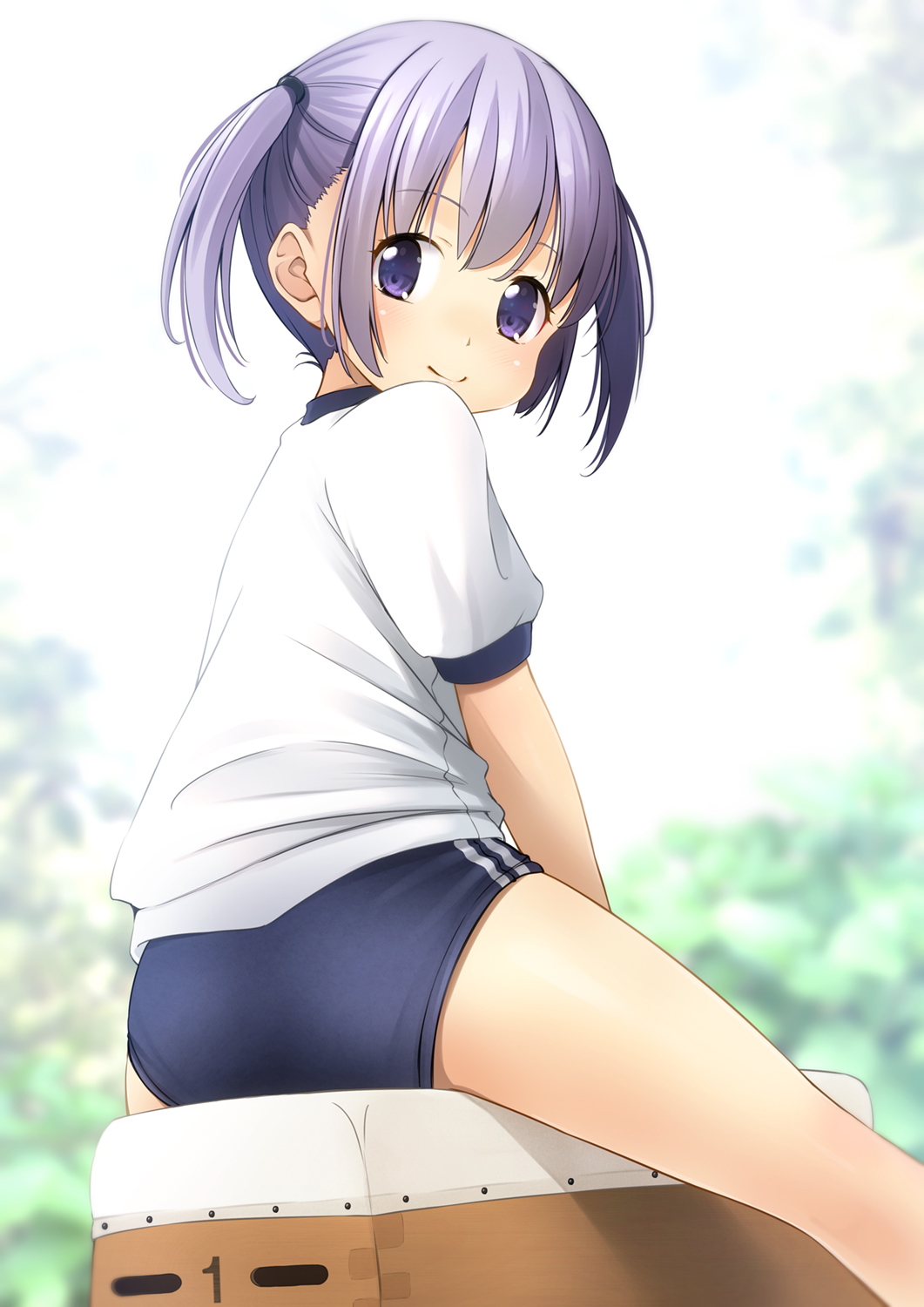 1girl ass bangs blue_buruma blurry blurry_background buruma closed_mouth commentary_request depth_of_field eyebrows_visible_through_hair gym_shirt gym_uniform highres looking_at_viewer looking_back original puffy_short_sleeves puffy_sleeves purple_hair shibacha shirt short_sleeves sitting smile solo twintails vaulting_horse violet_eyes white_shirt